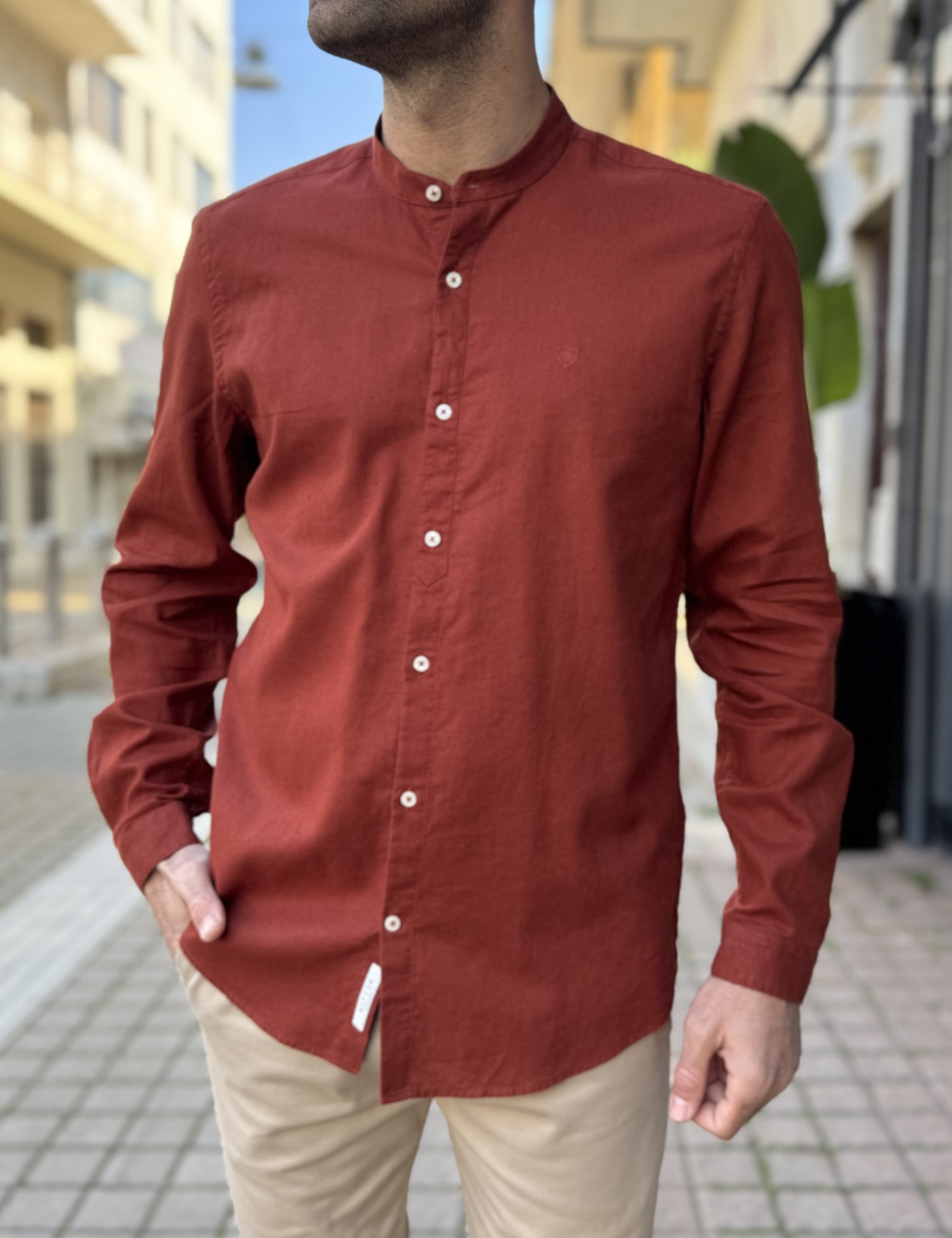 Ανδρικό λινό εκάι πουκάμισο με μάο γιακά 2347E